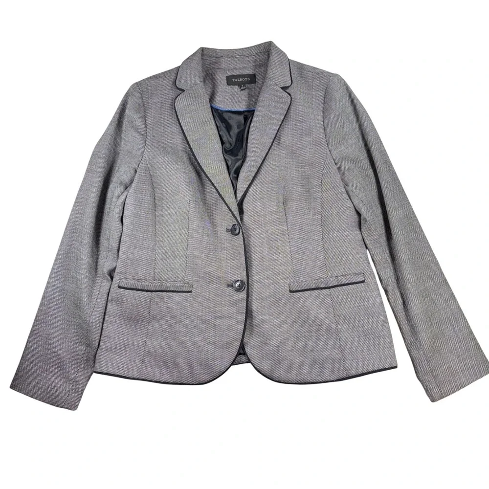 Talbots Blazer Gray Black Trimmed Houndstooth‎ Career Jacket - Size 8 Classic